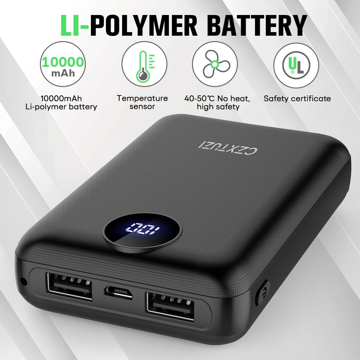 CZXTUZI Paquete de batería de chaleco térmico de 5 V 2A, tamaño del paquete 10000 mAh, cargador portátil con pantalla LCD para abrigo calentado,