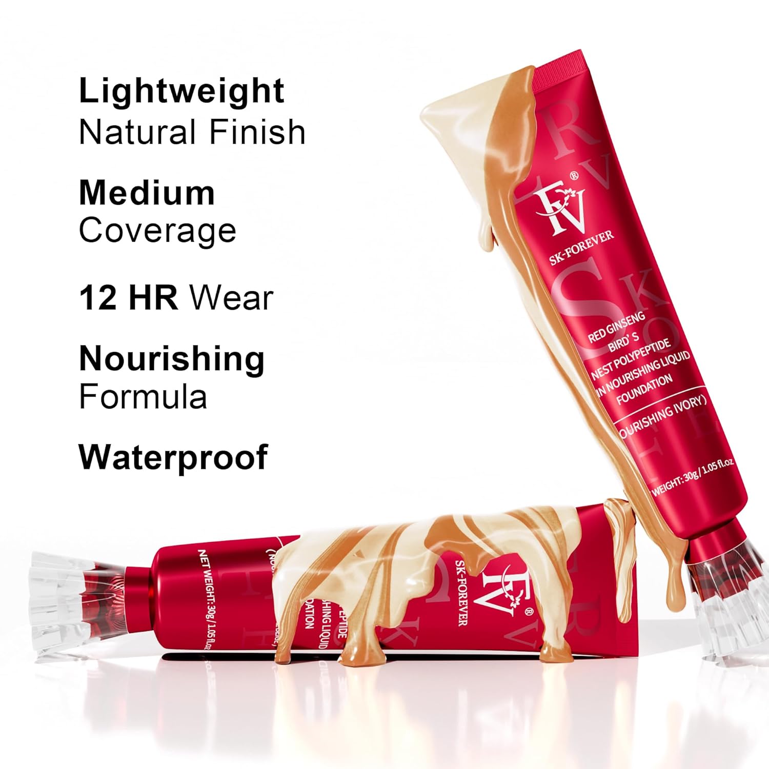 FV Maquillaje de base líquida Dewy, control de aceite, impermeable, de larga duración, para pieles normales y secas, cobertura media ligera, vegano