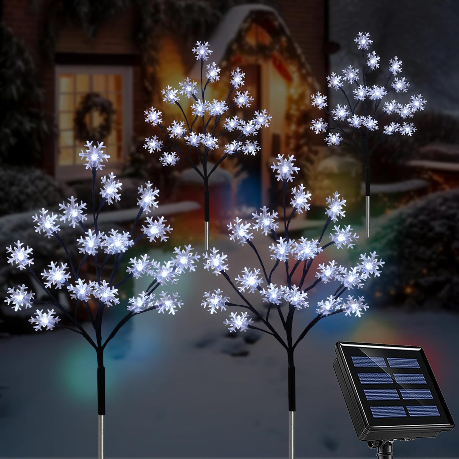 Paquete de 4 luces solares de 80 luces LED de copo de nieve de Navidad, 8 modos de luces solares de copo de nieve al aire libre, luces solares
