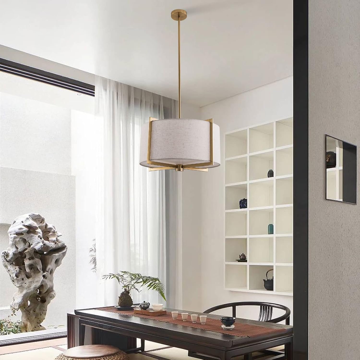 Lámpara colgante moderna de 20 pulgadas con 3 luces de tambor, lámpara colgante dorada con pantalla de tela gris plateado, altura ajustable, lámpara