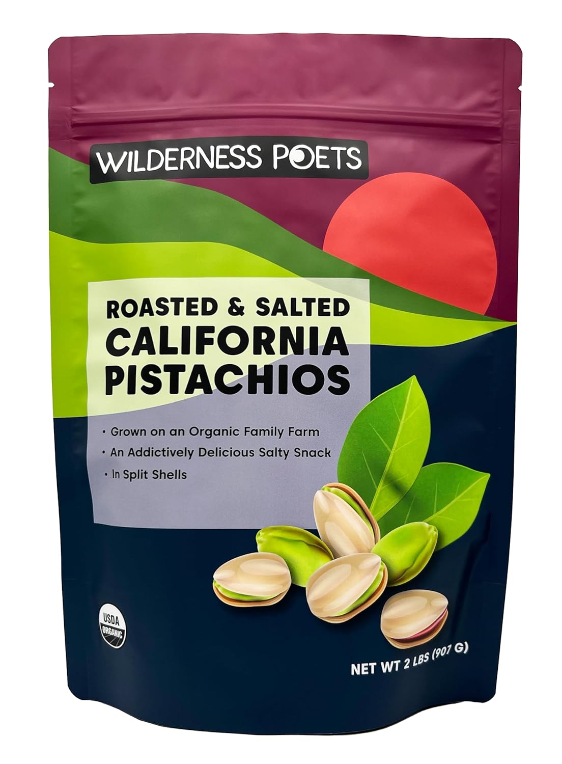 Wilderness Poets, Pistachos orgánicos de California, tostados con sal marina, en cáscara (32 onzas – 2 libras)