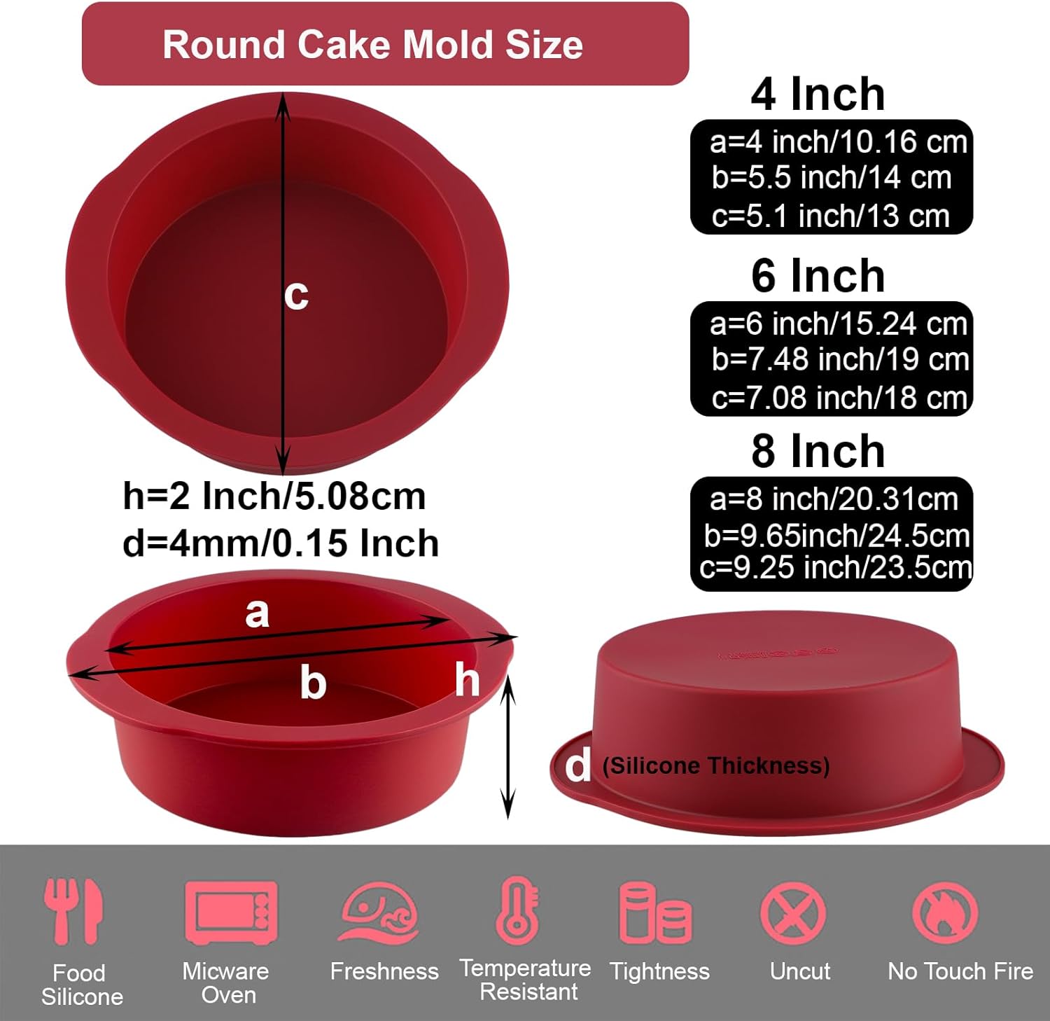 Juego de 3 moldes redondos de silicona color rojo vino para hornear, moldes de silicona flexible antiadherente para pasteles de capas, pastel de