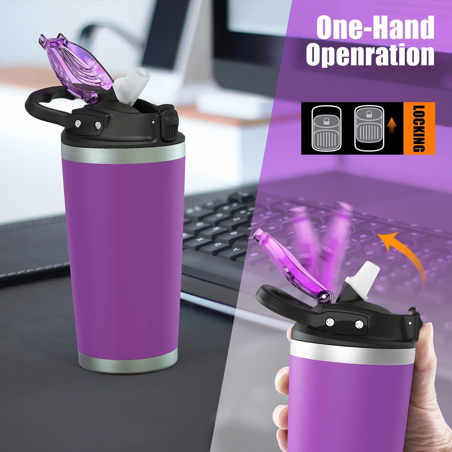 physiuo Vaso de acero inoxidable con tapa y popote de 20 onzas, taza de café aislada al vacío, taza de viaje para café de viaje, taza de viaje de