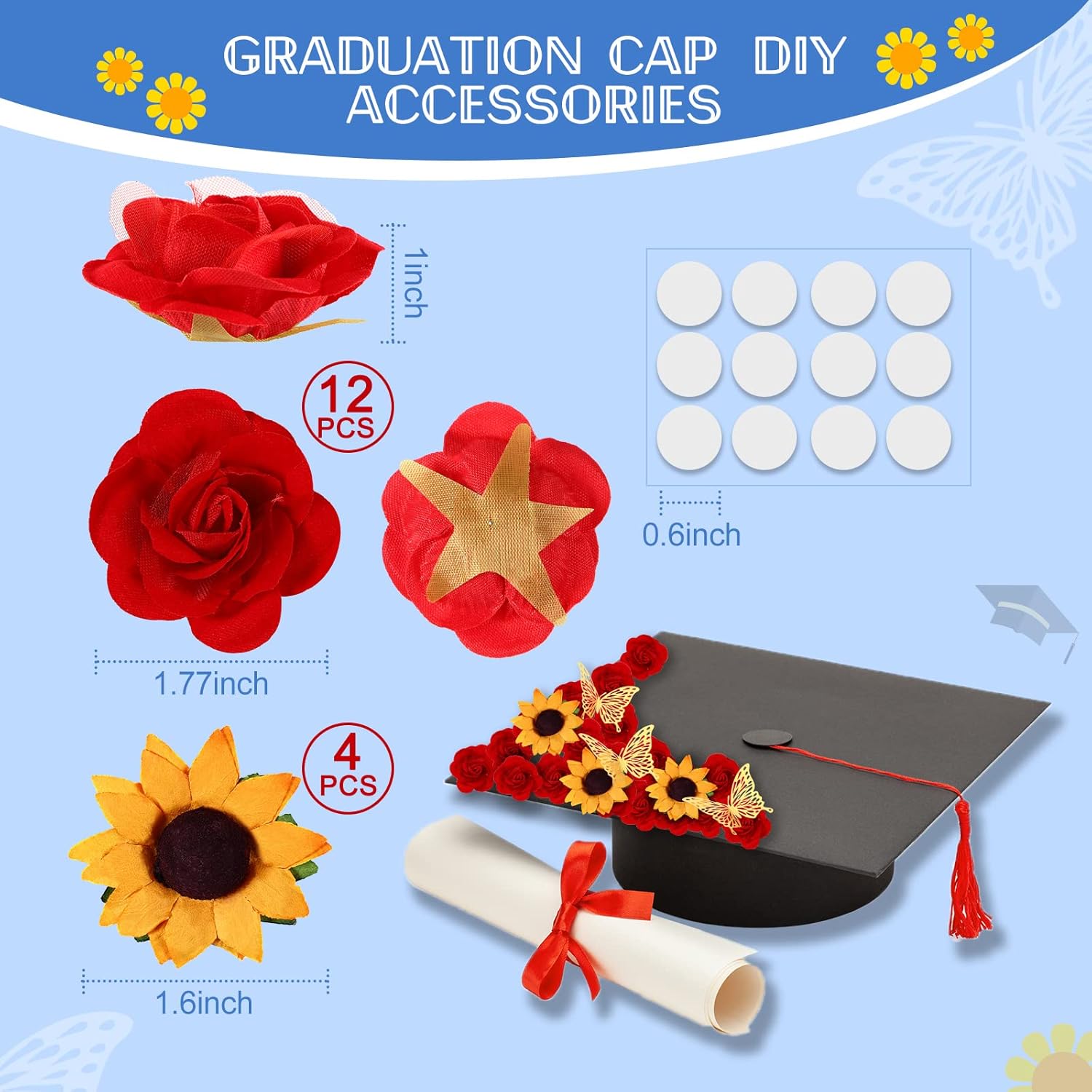 30 calcomanías florales de rosas con parte trasera plana adhesivas, rosas amarillas, cabezas de girasol 3D, calcomanías de mariposa 3D para