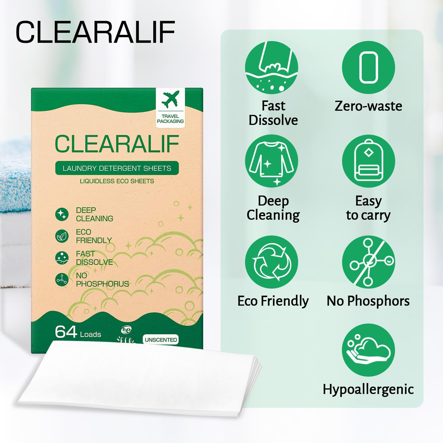 CLEARALIF CLEARALIF – Hojas de detergente para ropa, sin perfume, 64 cargas, tiras de detergente para ropa ecológicas e hipoalergénicas