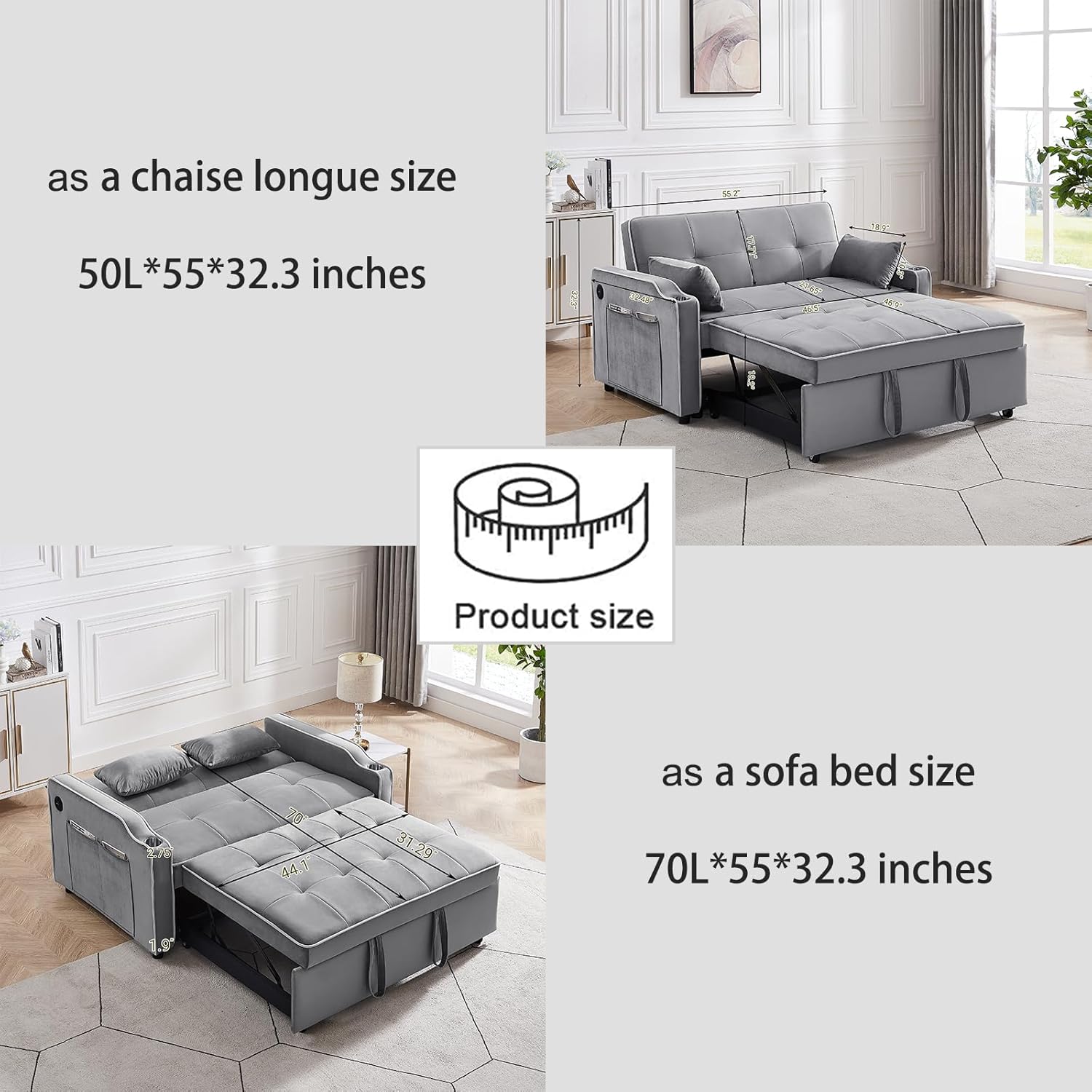 Sofá cama convertible 3 en 1 con puertos USB, cómodo sofá biplaza de terciopelo de 55 pulgadas con portavasos, sofá cama extraíble con