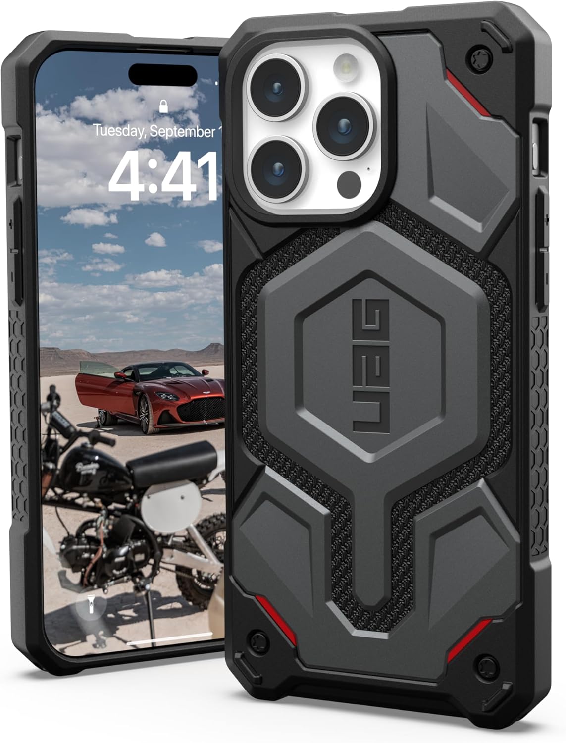 URBAN ARMOR GEAR UAG – Funda diseñada para iPhone 15 Pro Max de 6.7 pulgadas, Monarch Pro Kevlar plateado, compatible con MagSafe Bundle con
