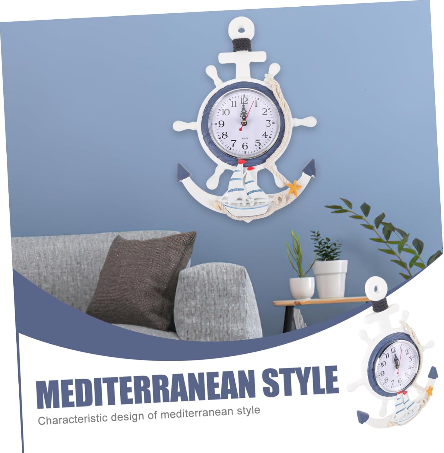 IMIKEYA Adornos de playa o reloj vintage ornamento náutico mediterráneo pared grande reloj de pared reloj de pared digital rústico ancla reloj