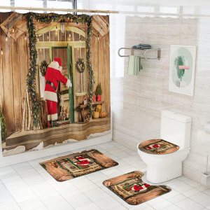 Juego de 4 cortinas de ducha navideñas con alfombras, cubierta de tapa de inodoro y tapete de baño, cortina de ducha de Papá Noel con 12 ganchos, Juego de 4 cortinas de ducha navideñas con alfombras, cubierta de tapa de inodoro y tapete de baño, cortina de ducha de Papá Noel con 12 ganchos,