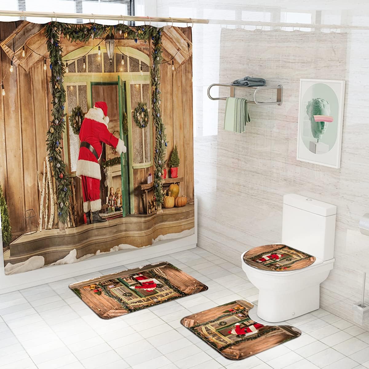 Juego de 4 cortinas de ducha navideñas con alfombras, cubierta de tapa de inodoro y tapete de baño, cortina de ducha de Papá Noel con 12 ganchos,