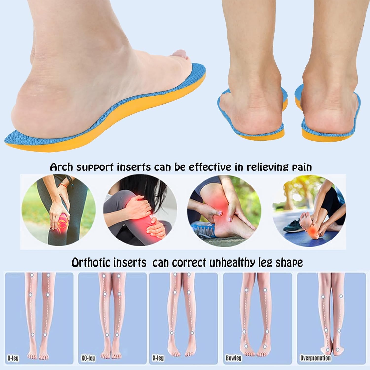 Plantillas de supinación, inserciones de soporte de arco, plantillas ortopédicas para fascitis plantar para rectificar pies planos, piernas tipo X,