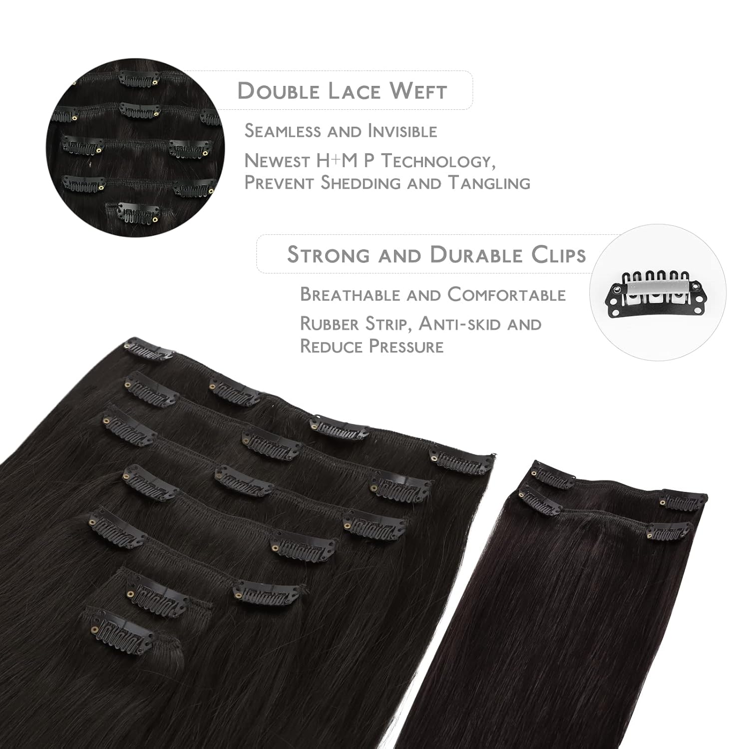 WENNALIFE Extensiones de cabello con broches, 5.22 onzas, 9 piezas, extensiones de cabello humano negro natural, extensiones de cabello humano real