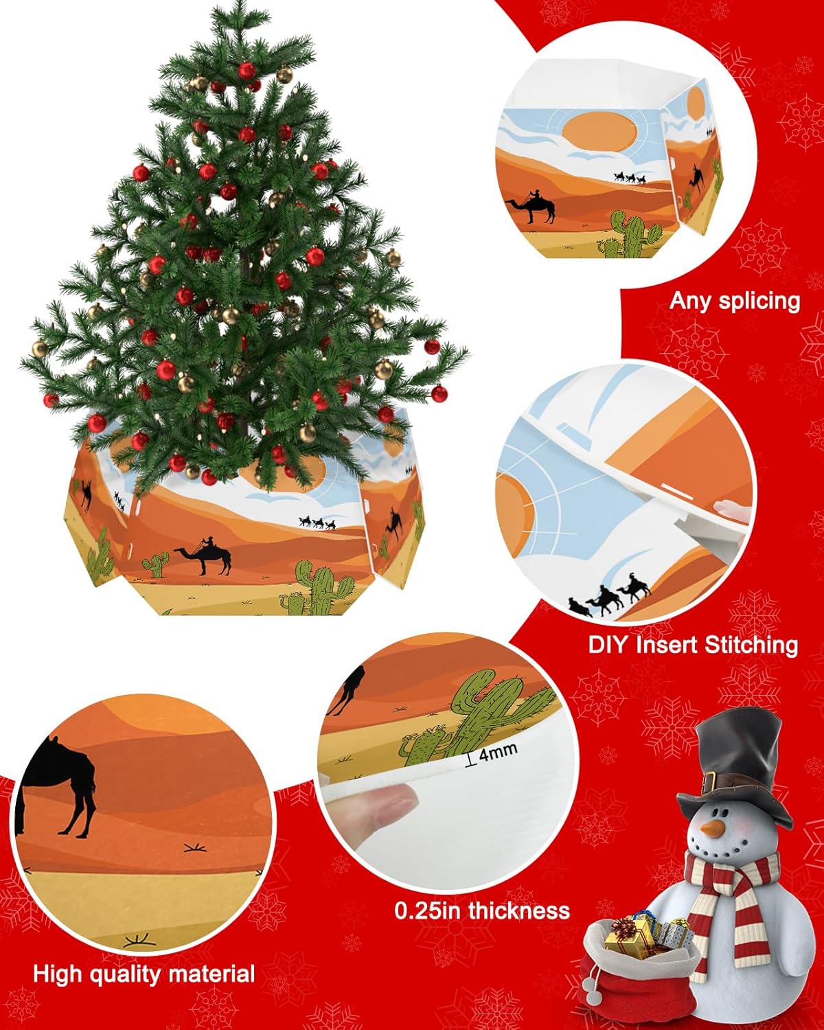 Christmas Tree Collar 4PCS-14.5″x 10″, Christmas Tree Ring Cartoon Cactus and Camel Under The Clouds Blue Christmas Tree Stands Skirts Base Covers