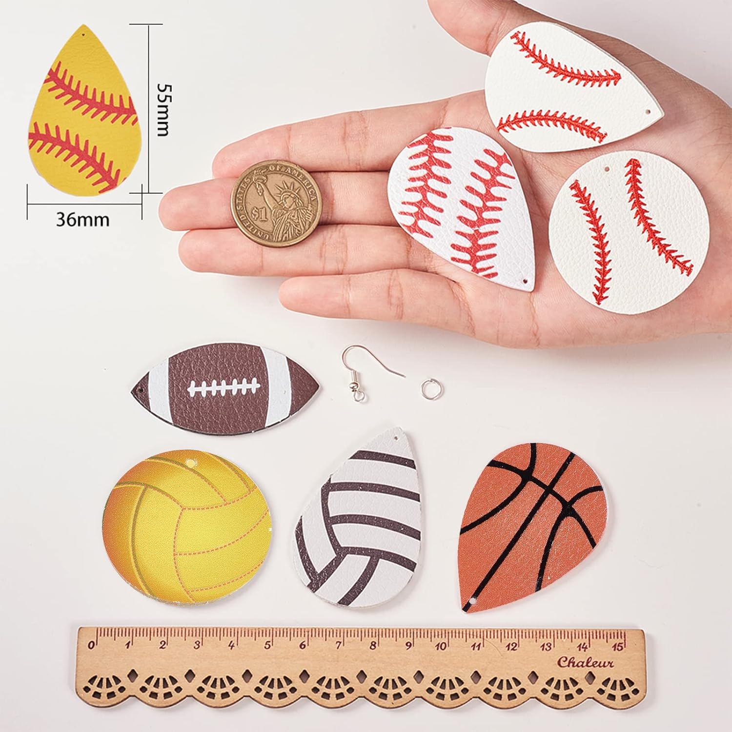 SUNNYCLUE DIY Make 8 pares de dijes deportivos de piel sintética para hacer aretes, kit de iniciación de fútbol americano, dijes de lágrima de