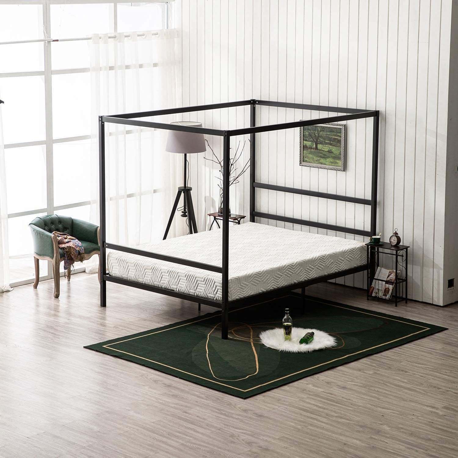Bonnlo Marco de cama con toldo negro tamaño matrimonial con cabecero, plataforma de metal de 10 pulgadas con 4 carteles, no necesita somier