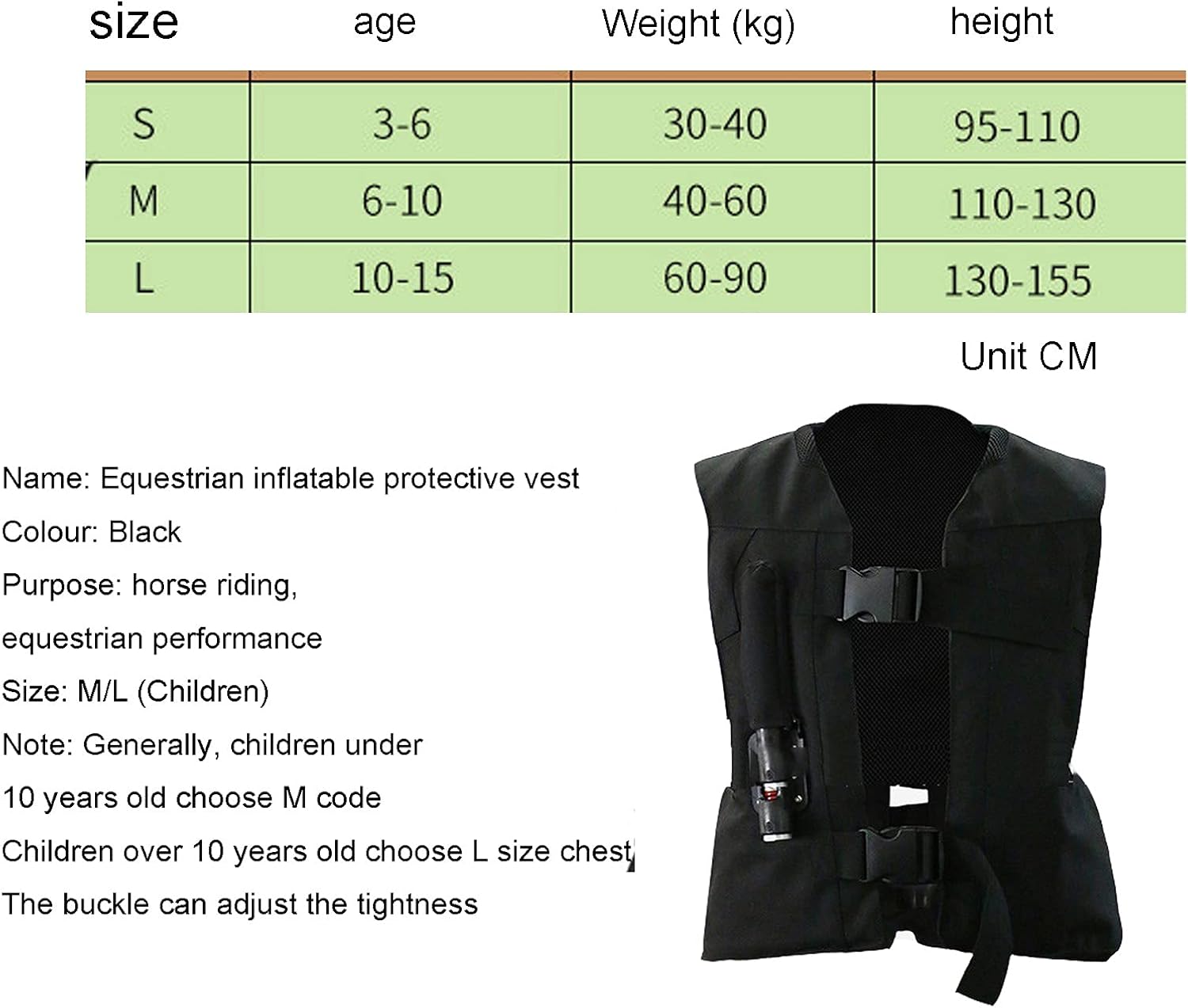 YXYMOTEFLY Chaleco ecuestre para niños, con bolsa de aire para motocicleta, chaqueta de tamaño ajustable con hebilla, abrigo para espectáculos de