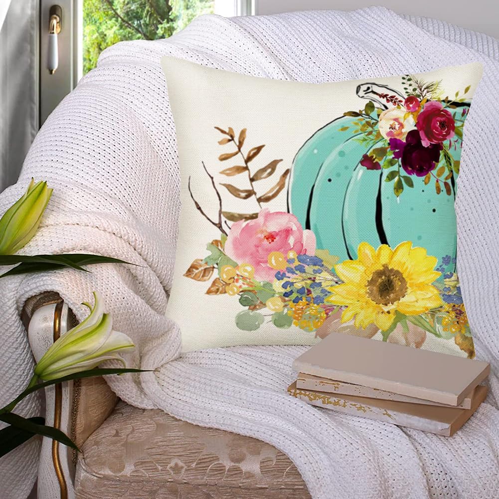 Fundas de almohada decorativas de calabaza de otoño de 18 x 18 pulgadas, almohadas florales de calabaza azul acuarela, decoración de otoño, cosecha