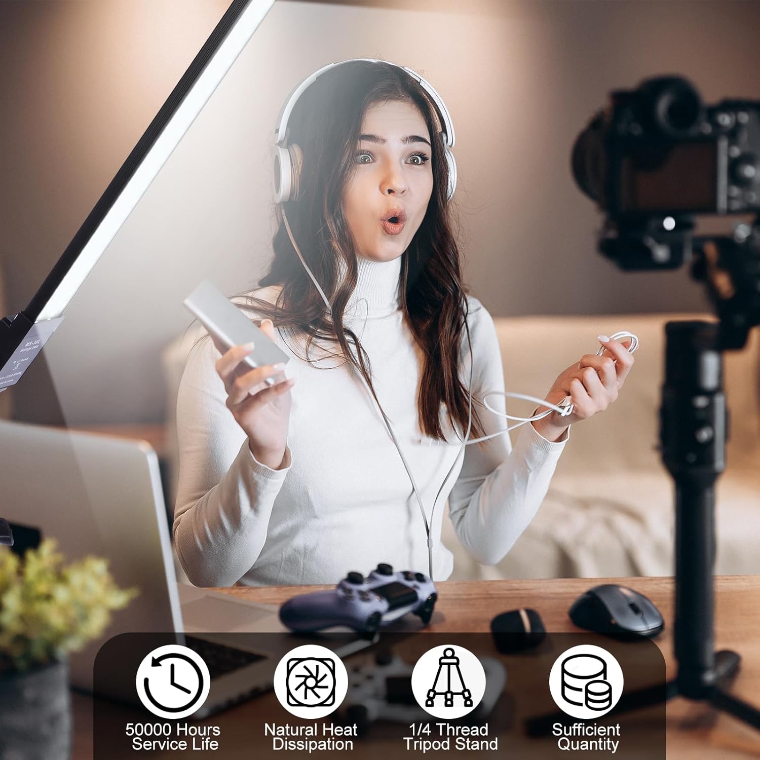Xuhal Juego de 2 varitas de iluminación LED bicolor, luces de fotografía ajustables con trípode de 22-63 pulgadas, 3200K-5500K, 192 luces de relleno