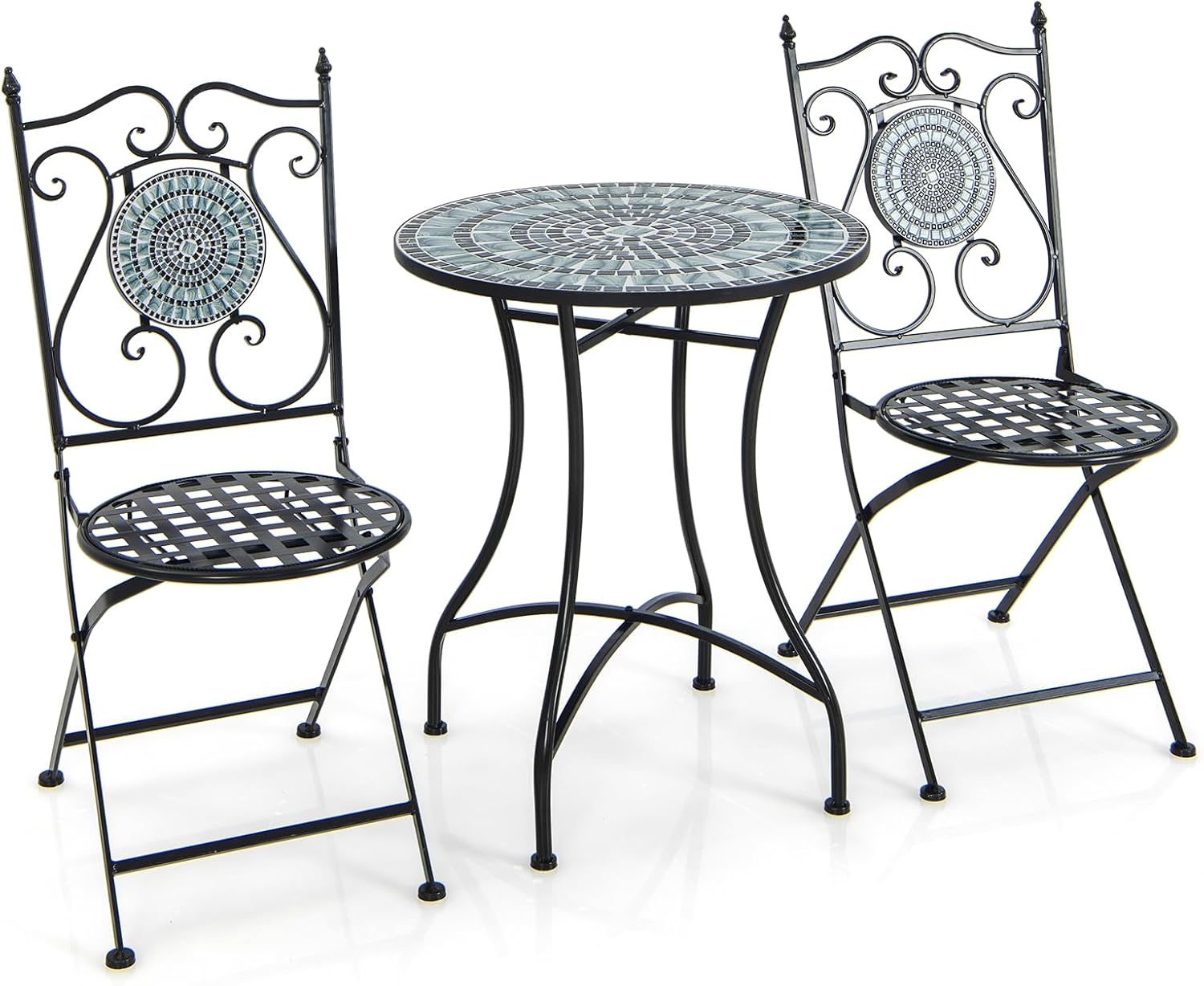 Giantex Juego de 2 mesas y sillas de bistró, mesa de patio de mosaico de 3 piezas con sillas plegables, marco de acero, juego de muebles de patio