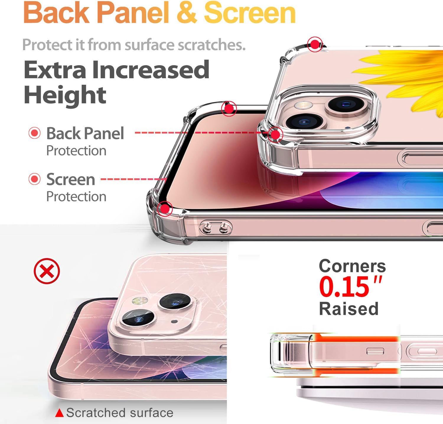 Funda compatible con iPhone 15 con protector de pantalla, diseño de patrón de flores, funda transparente floral para mujer, a prueba de golpes,