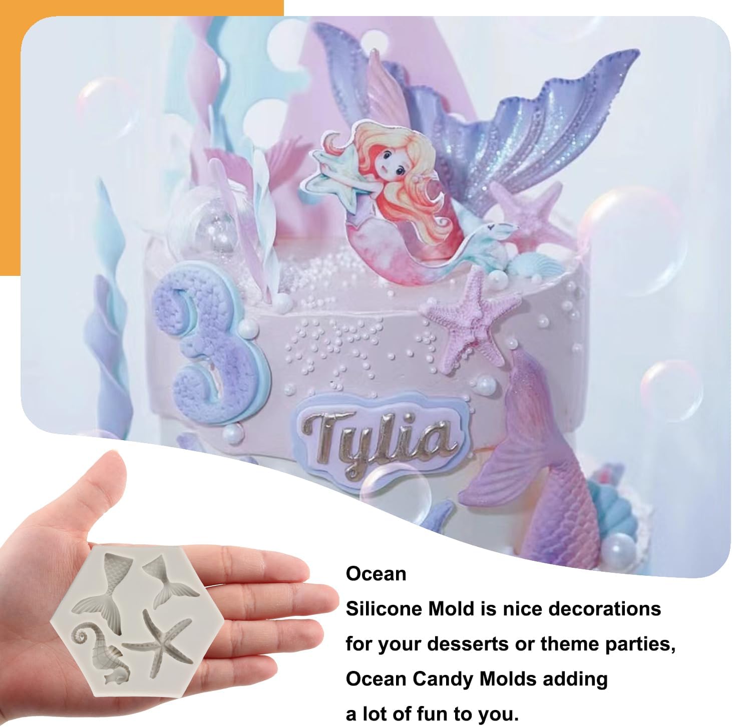 Molde para pastel de fondant con temática marina, sirena, concha, concha, coral, algas marinas, tortugas marinas, delfín, molde de silicona para