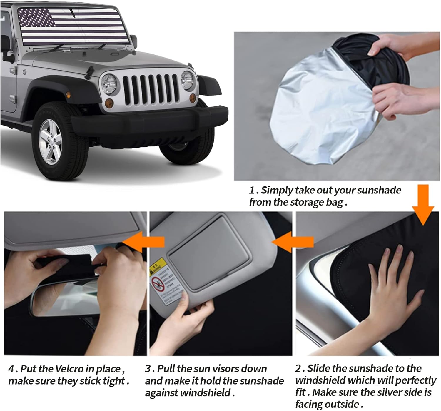 Moricere Parasol mejorado para parabrisas con bandera de Estados Unidos para Jeep Wrangler TJ JK JKU 1997-2018, visera plegable para parabrisas que