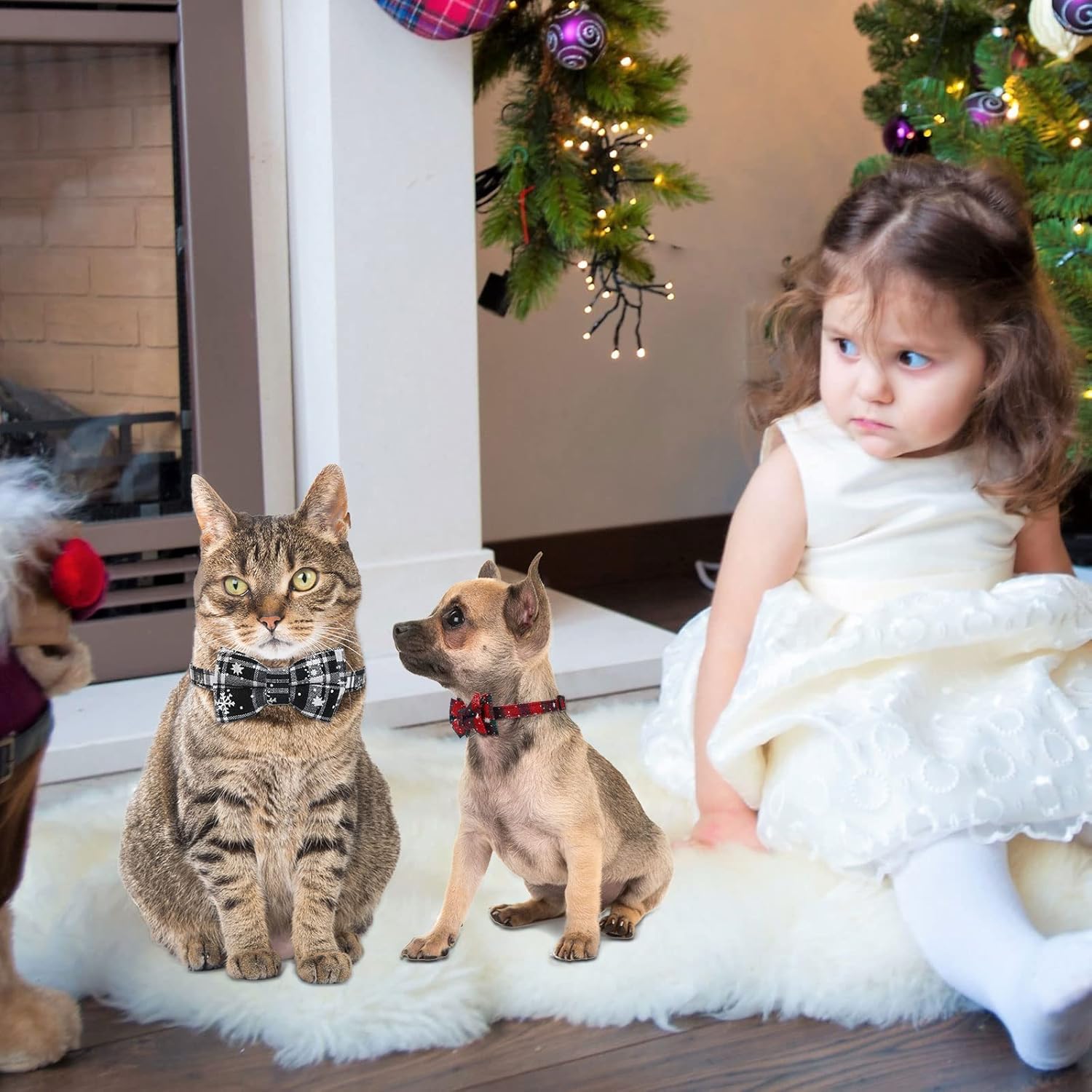 Whaline Paquete de 4 collares de Navidad para mascotas, collar clásico de búfalo a cuadros con lazo extraíble estampado de copo de nieve, collar de