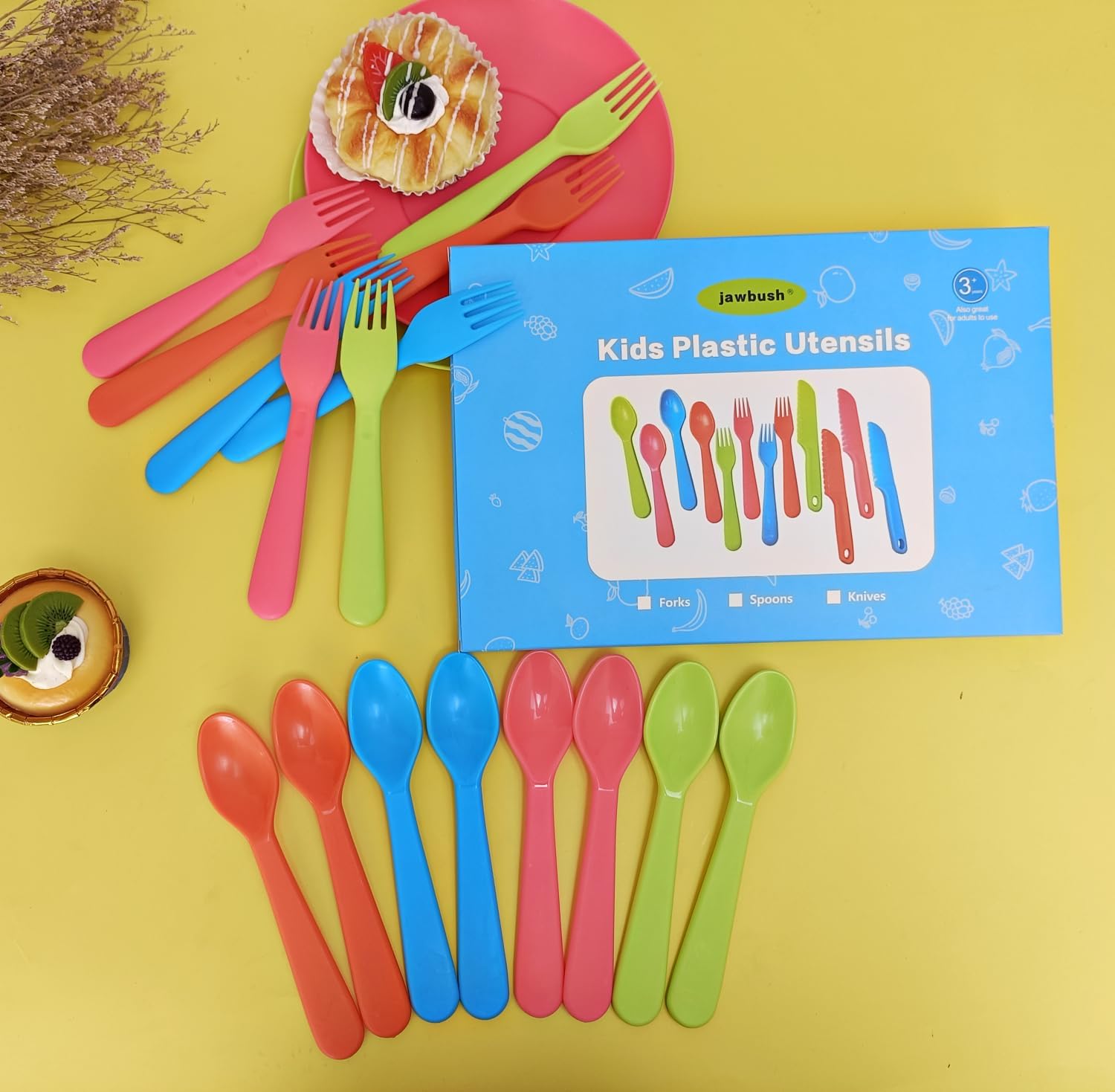 16 utensilios de plástico para niños, utensilios de alimentación reutilizables para niños pequeños con 8 tenedores y 8 cucharas para niños,