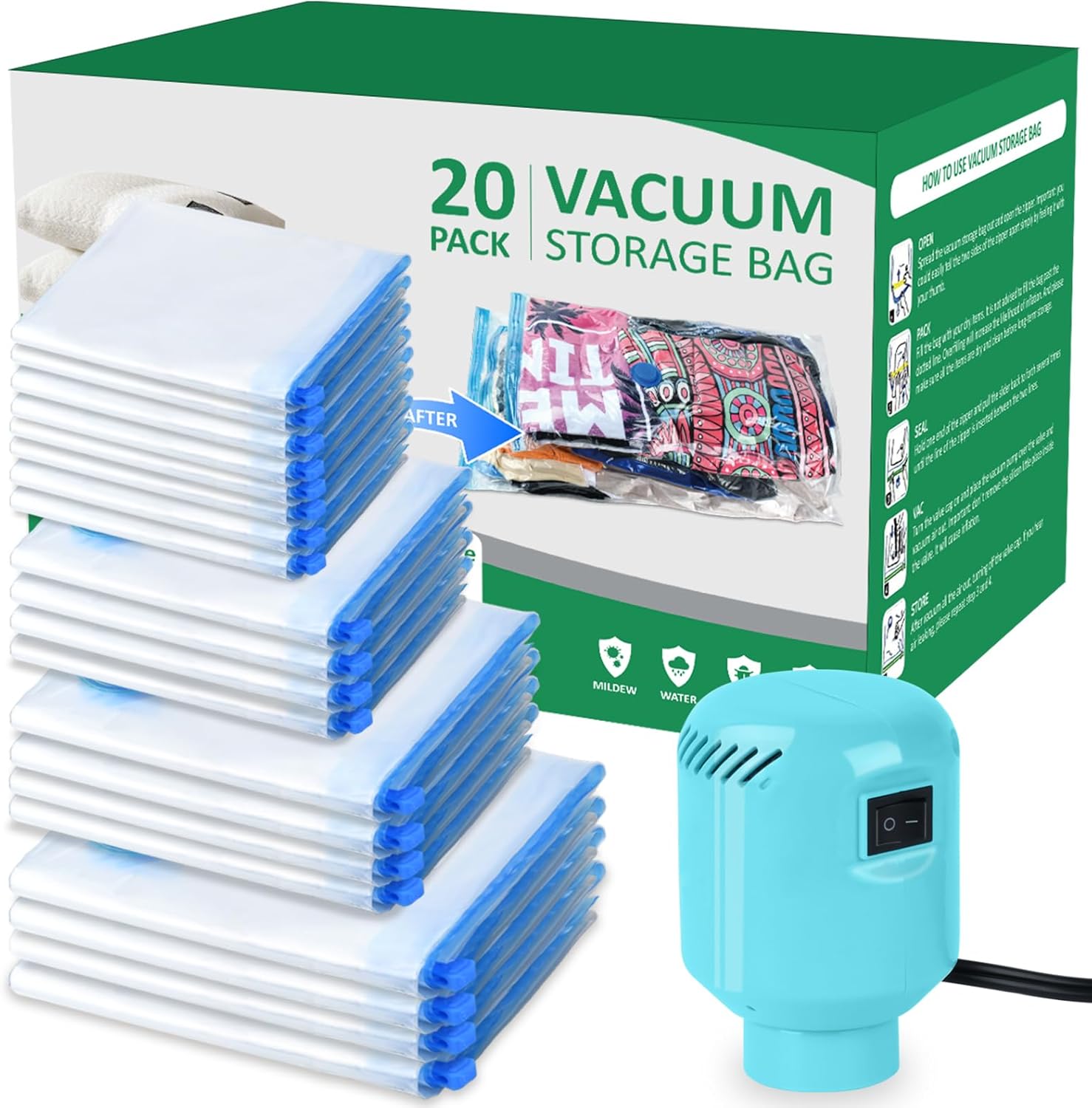 ZPP Bolsas de almacenamiento al vacío con bomba eléctrica, paquete de 20 (4 jumbo, 4 grandes, 4 medianas, 4 pequeñas, 4 bolsas enrollables) bolsas