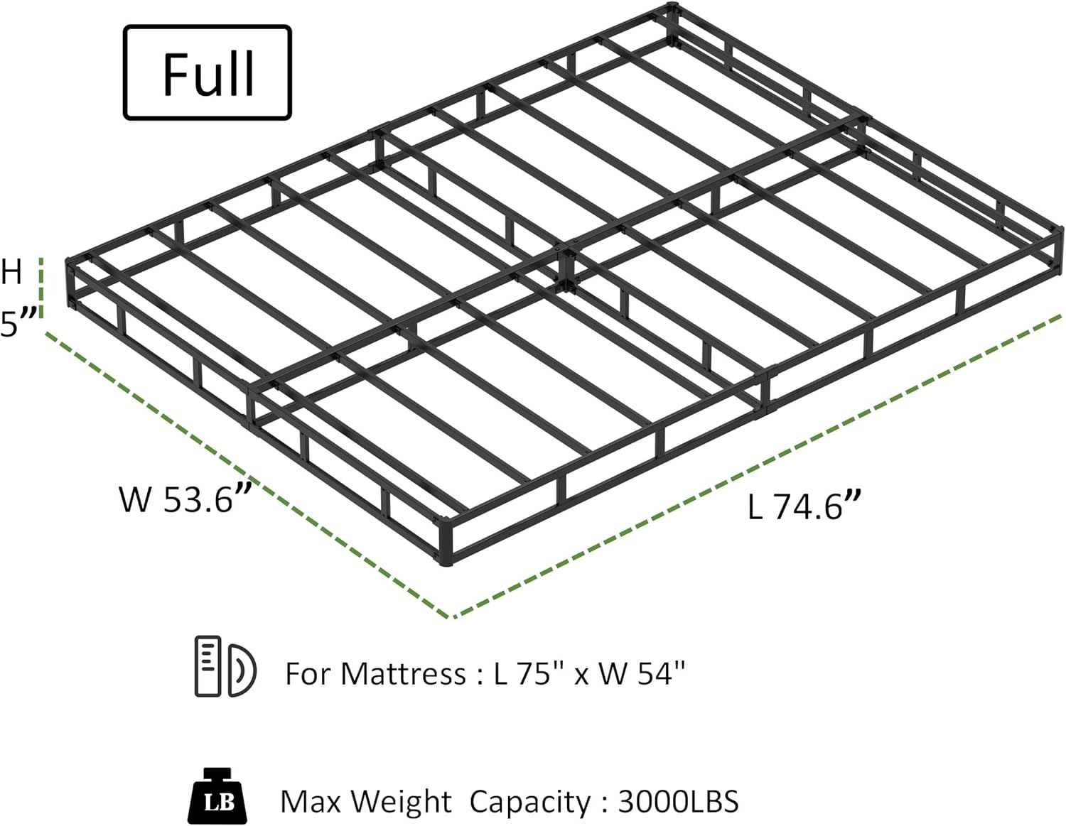 EMODA Base de cama tamaño matrimonial de 5 pulgadas, base de colchón de metal resistente de 3000 libras con funda de tela, fácil montaje, color negro