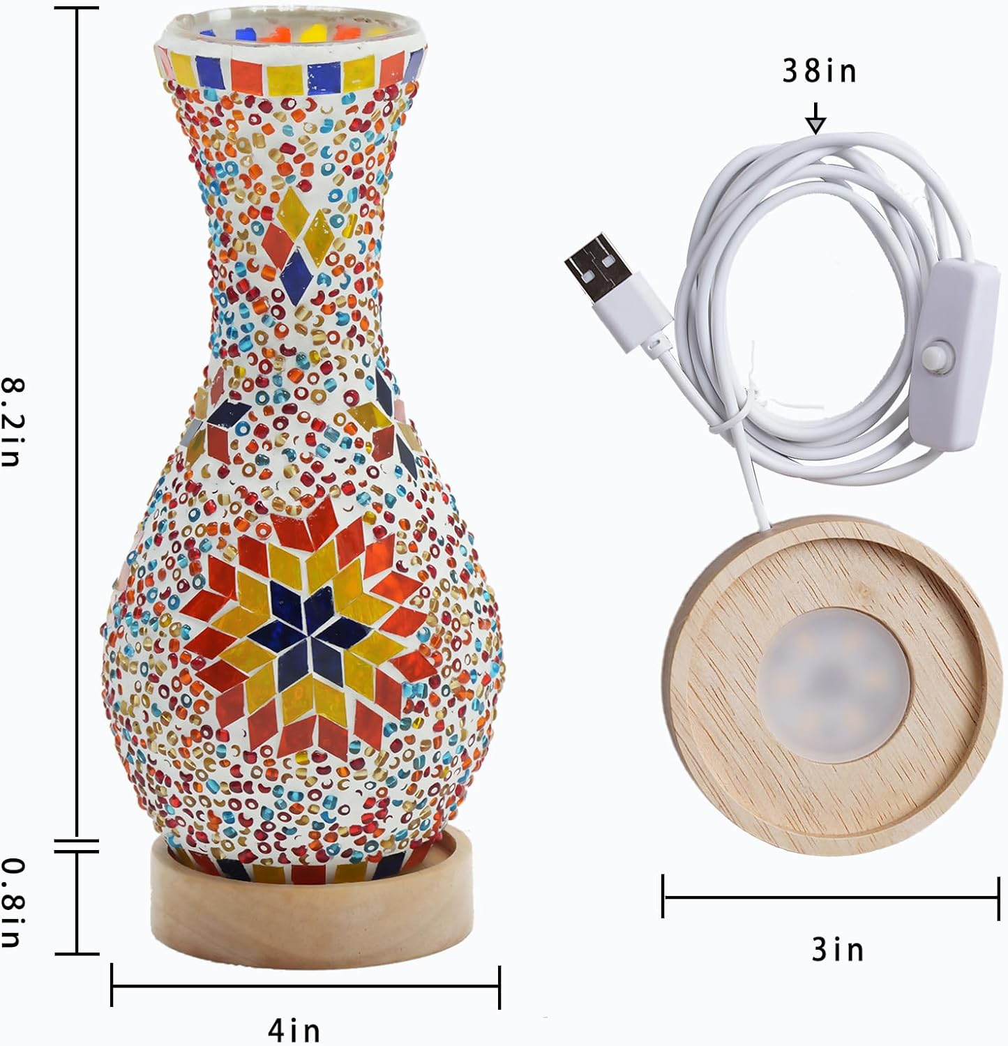 Lámpara de jarrón de mosaico, lámpara de mesa turca marroquí, colorido jarrón de vidrio hecho a mano con base de madera para flores, luz decorativa