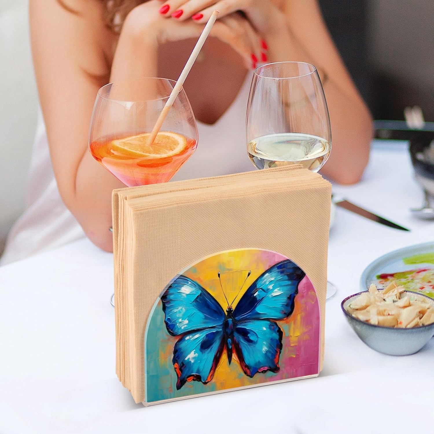 Napkin Holder Oil Painting Butterfly Napkin Holders for Tables, Clear Acrylic Napkin Holders Cocktail Napkin Holder for Kitchen Restaurant Bar Home