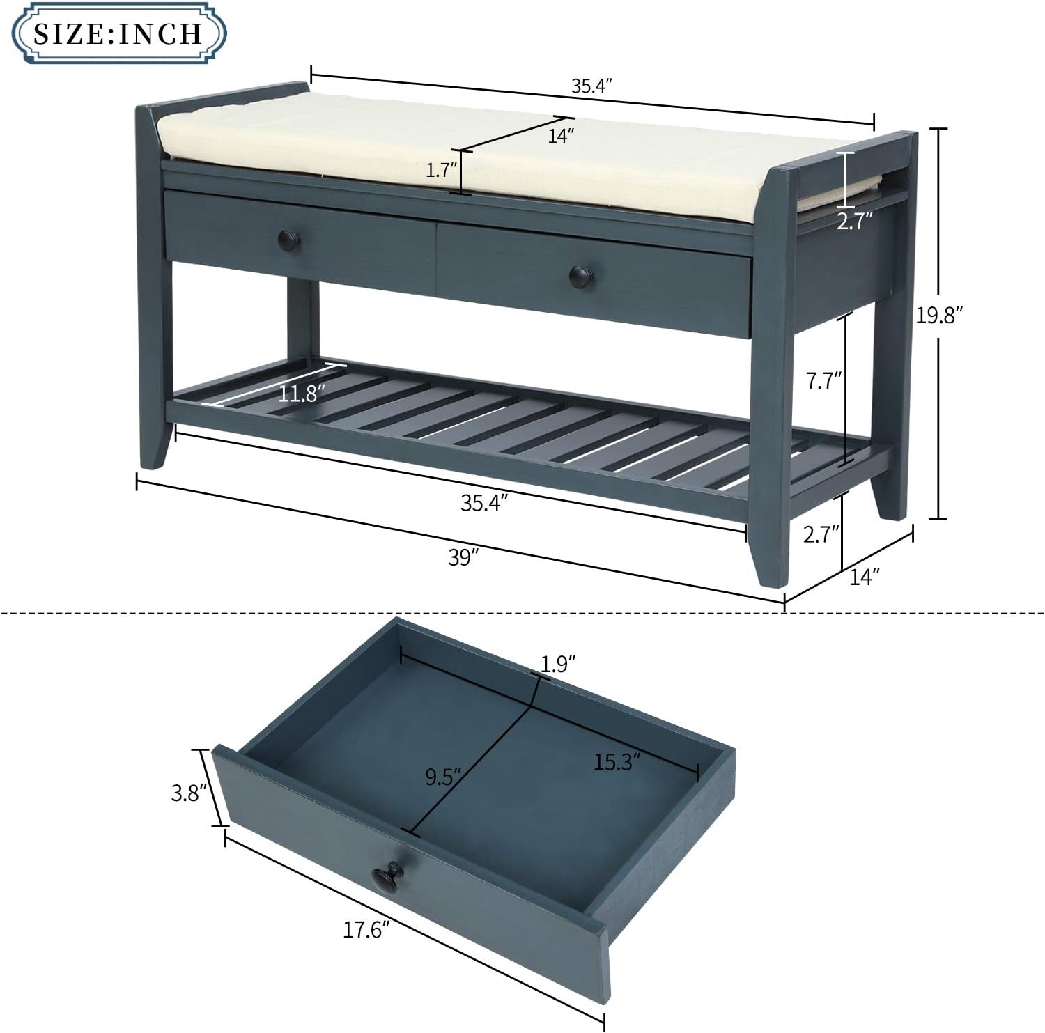 Knocbel Zapatero con 2 cajones, banco de almacenamiento de 39 pulgadas con asiento acolchado y estante inferior, bancos de mesa auxiliar para