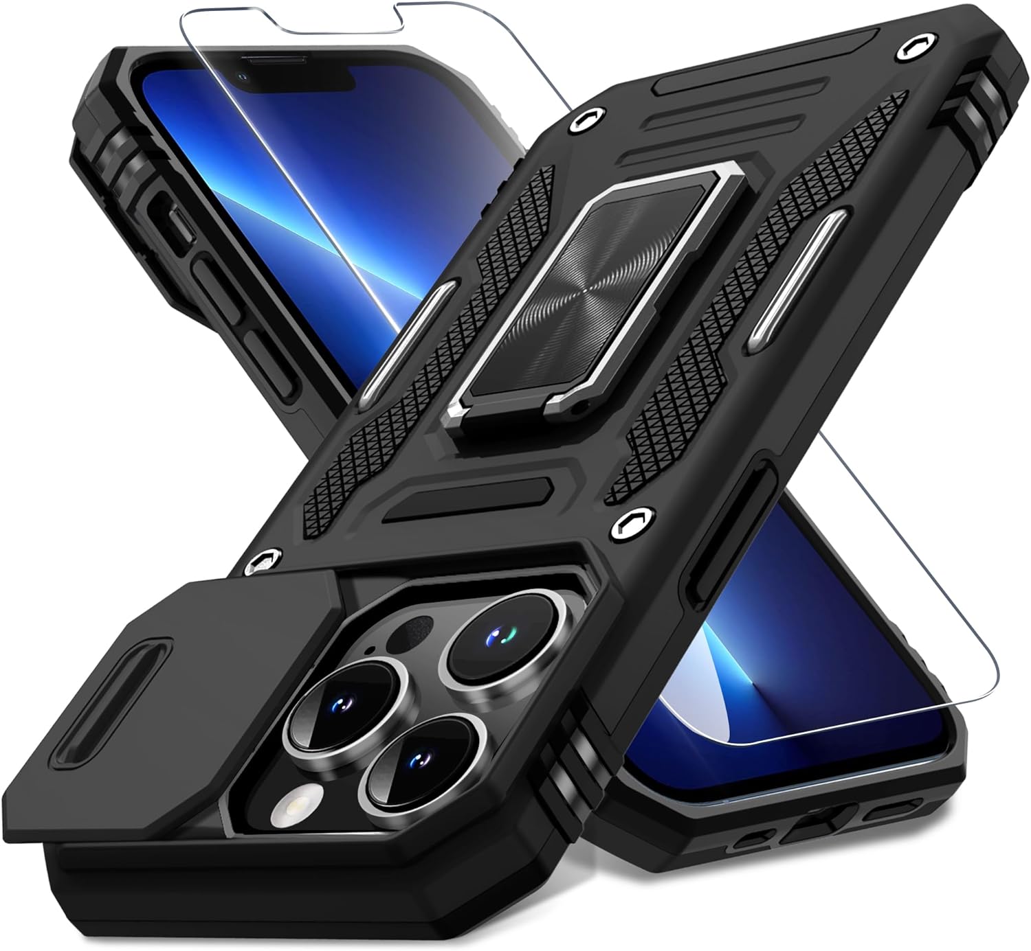 DEERLAMN Funda para iPhone 13 Pro con cubierta deslizante para cámara + protector de pantalla (1 unidad), soporte de anillo giratorio de grado