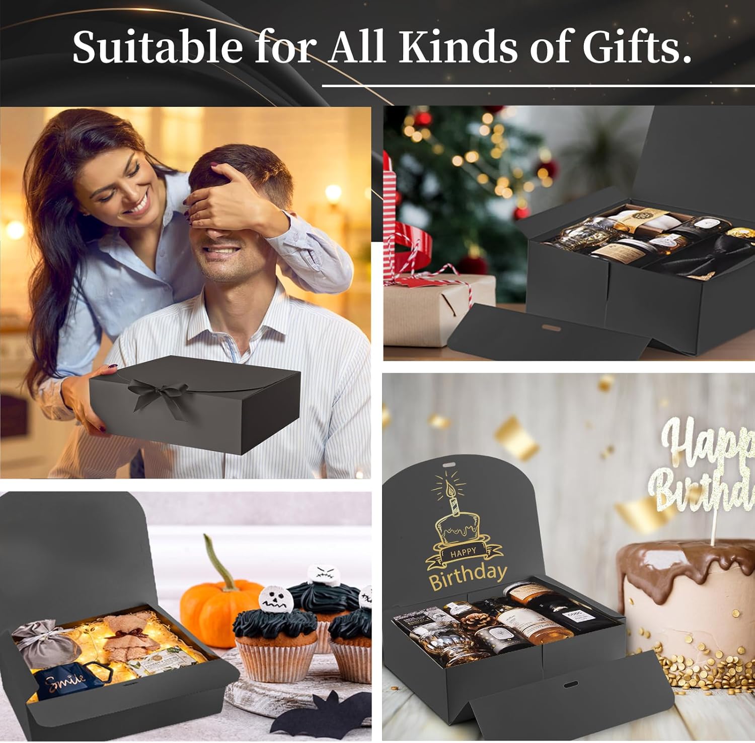 Ocmoiy Paquete de 12 cajas de regalo con tapas de 10.6 x 7.8 x 3.1 pulgadas, cajas de regalo negras para boda, baby shower, fiesta de cumpleaños,