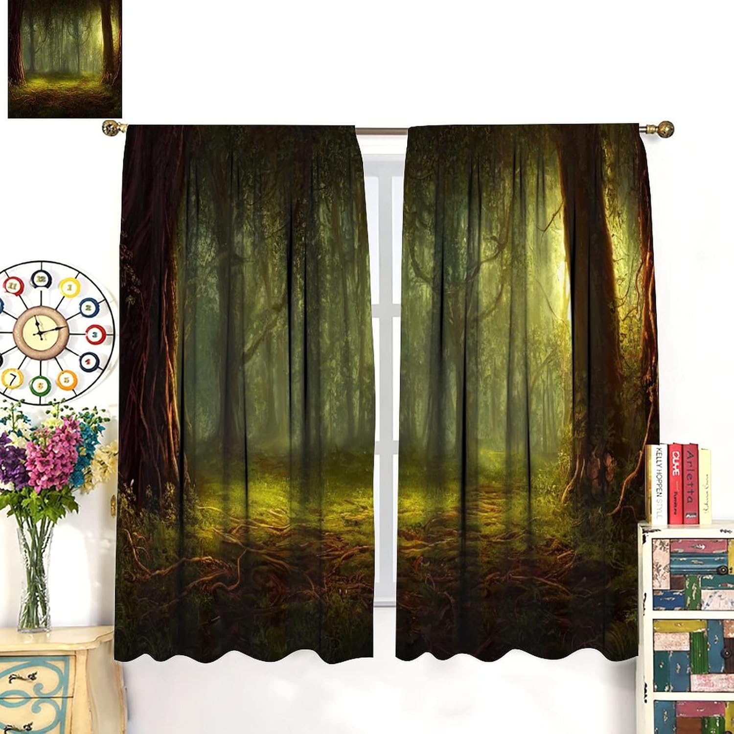 Cortinas de bosque misterioso, luz del sol también bosque tropical, pintura al óleo, estilo dormitorio, sala de estar, decoración impresa, 2
