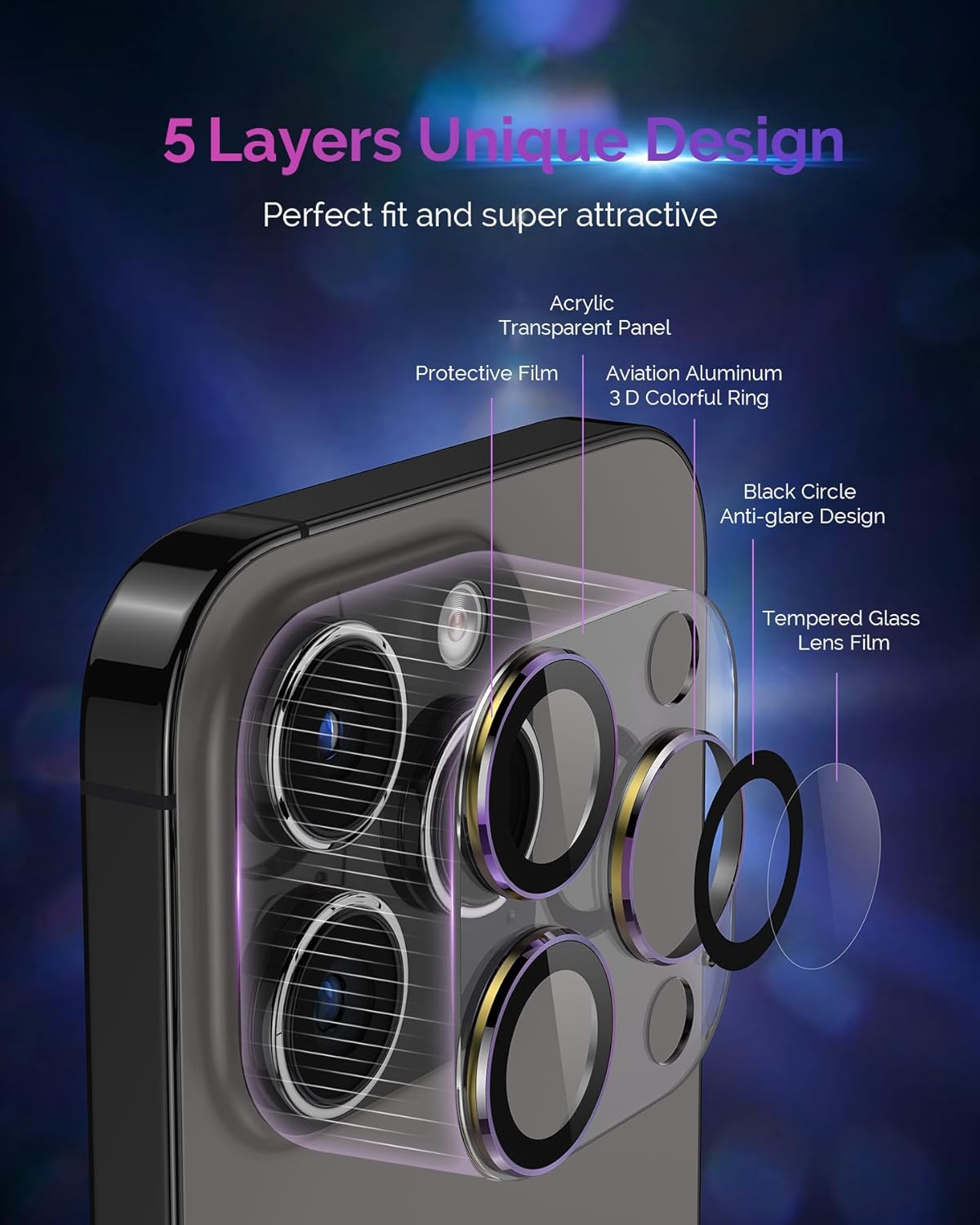Diseño para iPhone 15 ProiPhone 15 Pro Max, protector de lente de cámara, cobertura completa Disparo nocturno HD 9H vidrio templado acrílico