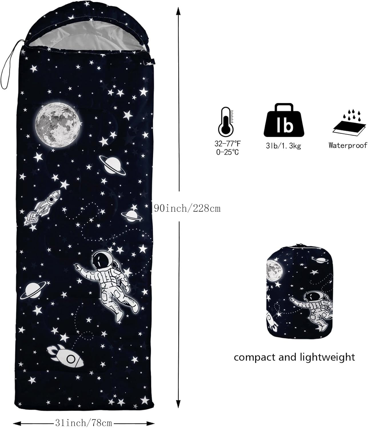 Datura home Saco de dormir para niños y niñas, estampado de cohete y astronauta, ligero, cálido, portátil, para exteriores, interior, impermeable,