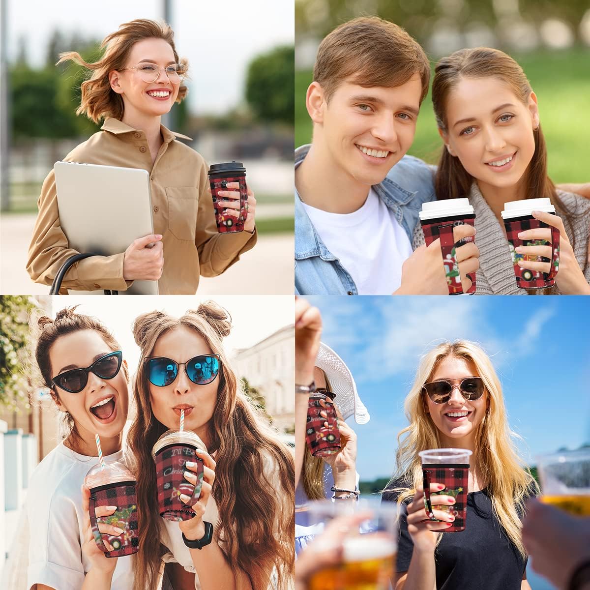 Funda de neopreno reutilizable con asa a cuadros de búfalo negro y rojo, funda de neopreno con aislamiento para bebidas frías, bebidas frías, 24