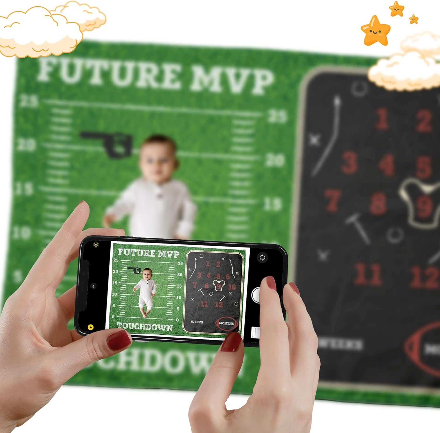 Pavo Manta de hito de fútbol prémium para bebés niños, incluye 3 marcos exclusivos, manta mensual personalizada para recién nacido, ultrasuave y