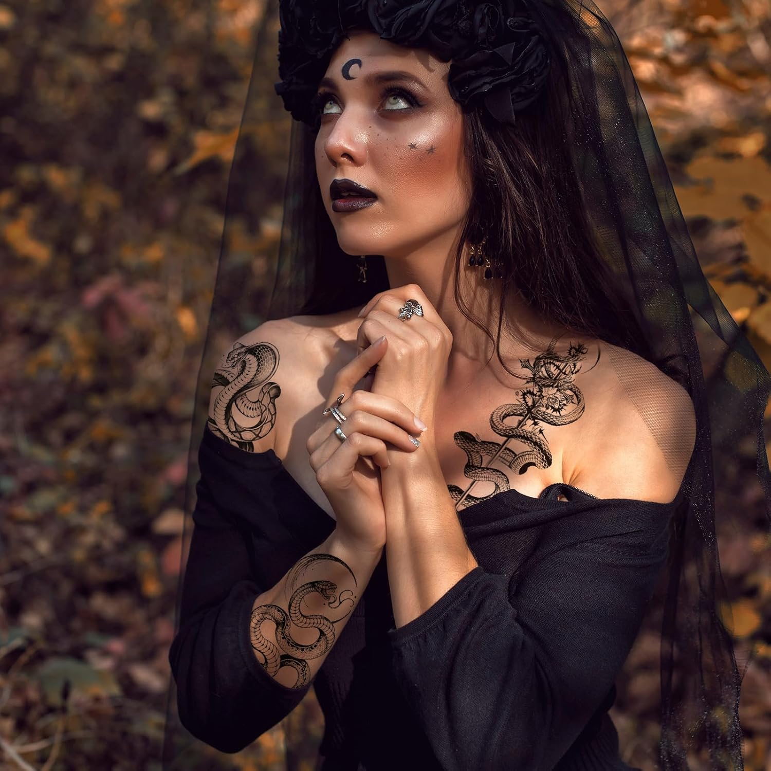 Demissle 50 hojas de tatuajes temporales realistas de serpiente negra en 3D, espadas florales, tatuajes de serpientes falsas, tatuajes de serpiente