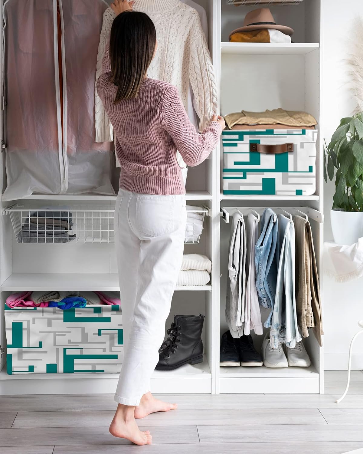 Cesta de almacenamiento gris verde azulado para organizar estantes, cajas de almacenamiento plegables con asa, cesta de lona moderna geométrica