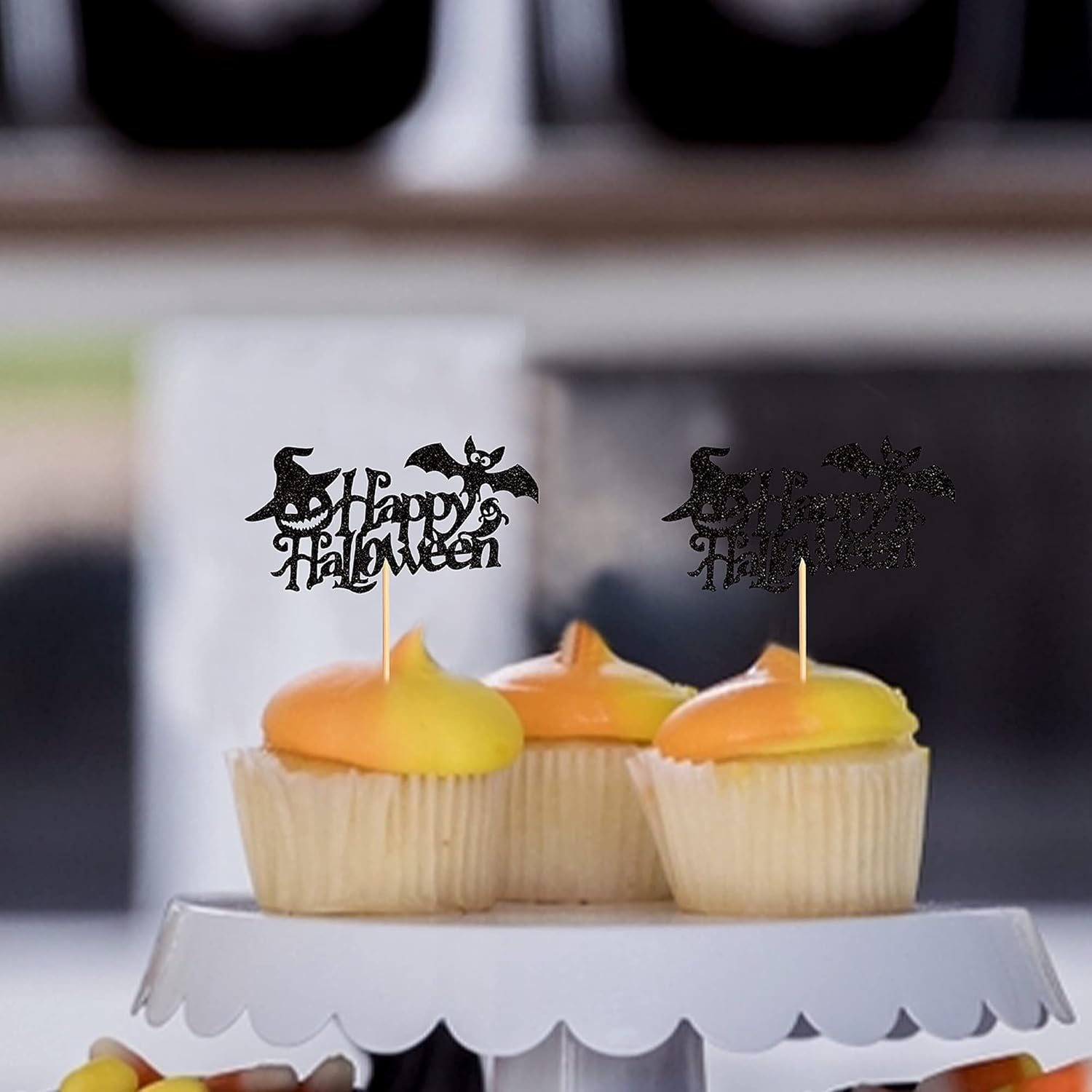 Ercadio Paquete de 24 adornos para cupcakes de Halloween con purpurina negra, murciélago, fantasma, calabaza, sombrero de Halloween para cupcakes,