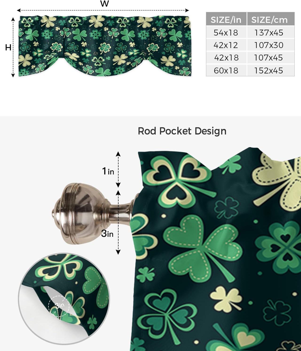 Cenefa de amarre con tréboles retro del día de San Patricio para ventanas de cocina, cenefas ajustables de tréboles de la suerte verde bosque