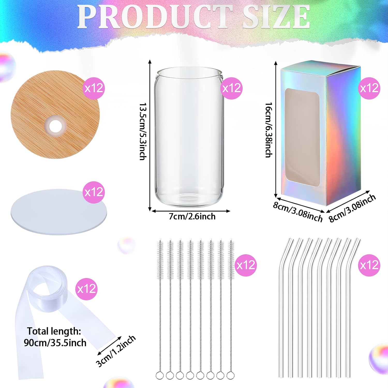 12 vasos de sublimación de vidrio esmerilado de 12 onzas con tapas de bambú y pajitas, tarros de cerveza transparentes con 12 cajas de regalo para