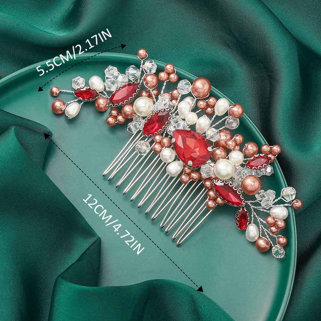 Brishow Peine de pelo rojo con diamantes de imitación de cristal, para boda, pieza de pelo de ópalo vintage, accesorios para el cabello para mujeres