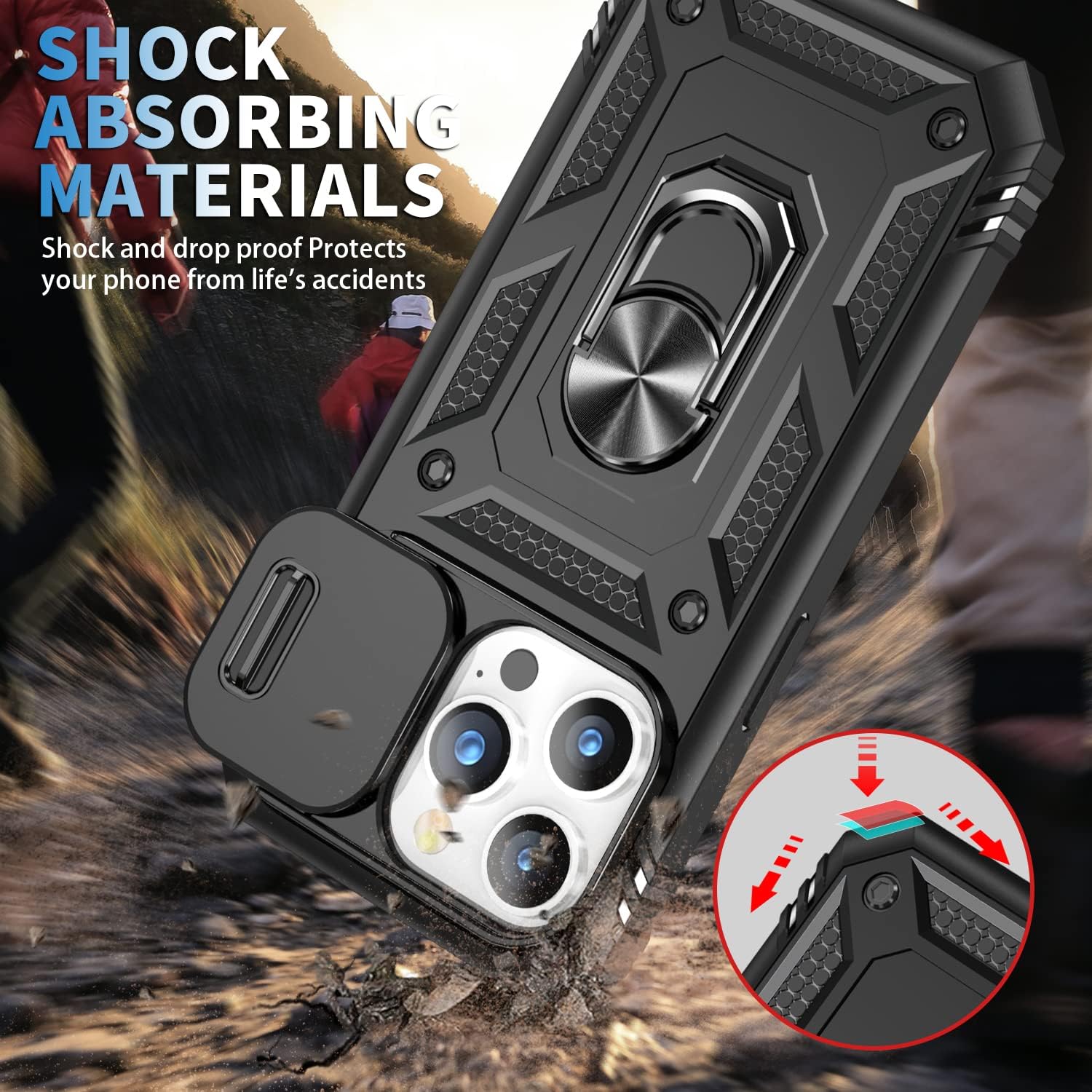 Funda para iPhone 15 Pro con 2 protectores de pantalla de vidrio templado con cubierta de cámara y anillo magnético de soporte de grado militar, a