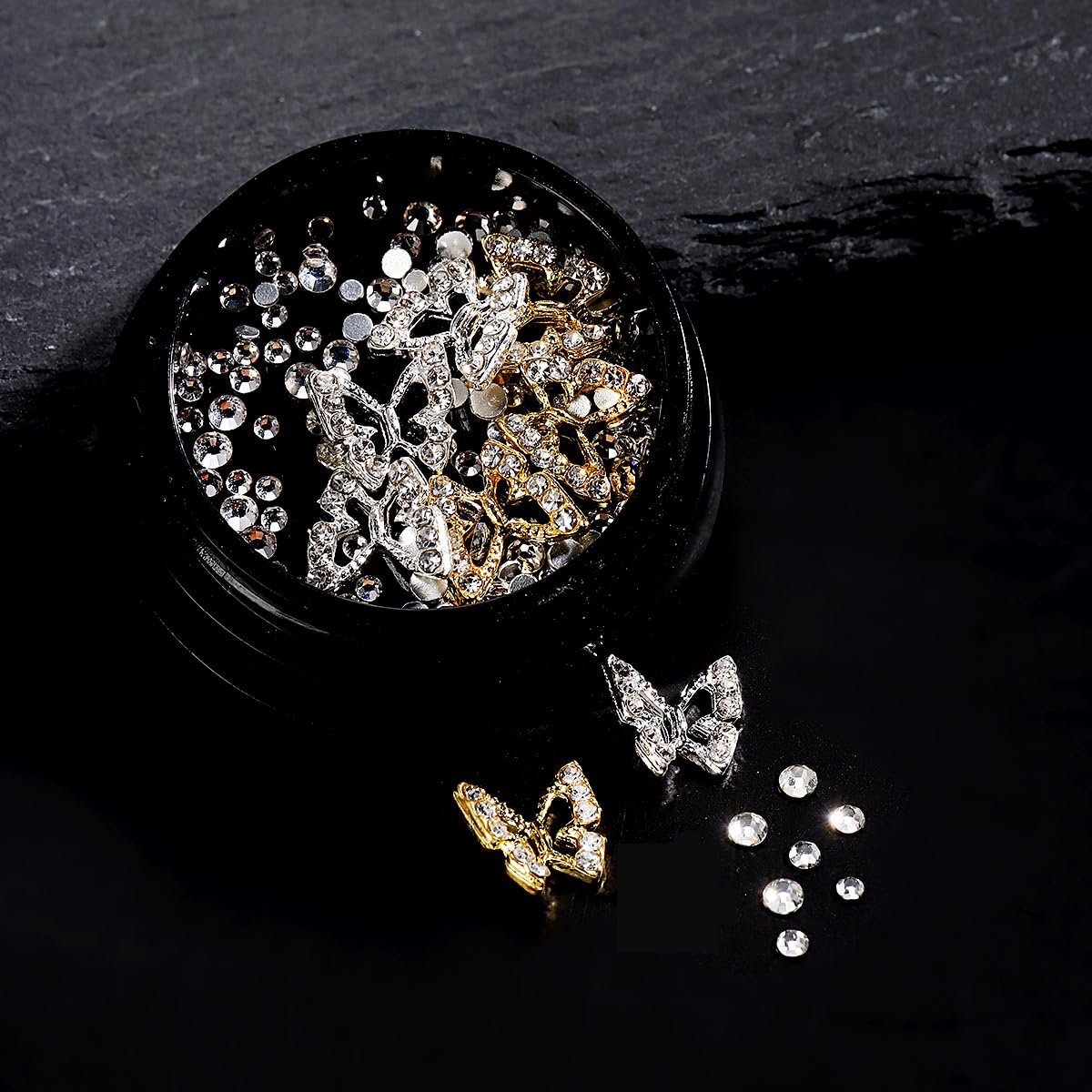 Dijes de uñas de flores 3D, flor acrílica 3D, pétalo de flor blanca y rosa con perlas de perlas, aleación de metal dorado y plata con diamantes de