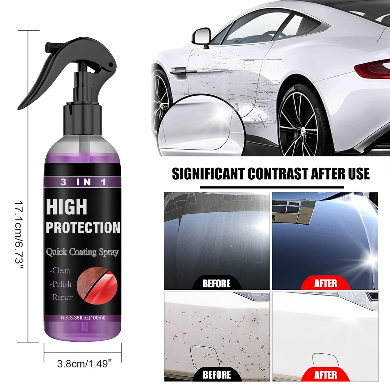 AMind4U Revestimiento de cerámica para automóviles 3 en 1 de alta protección para automóvil, aerosol de reparación de arañazos para automóvil,