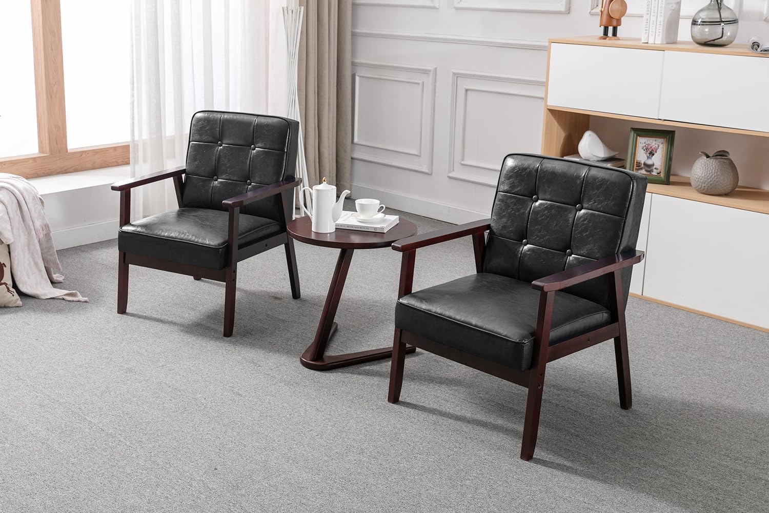 Okeysen Silla decorativa moderna de mediados de siglo, silla auxiliar retro de madera y cuero, cómoda silla de lectura para sala de estar,